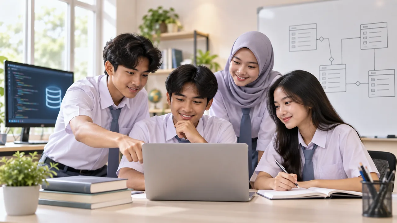 Siswa SMK kelas 11 belajar Basis Data menggunakan laptop dan diagram relasi database